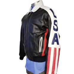 MICHAEL HOBAN WHEREMI MEN JACKET BOMBER FLIGHT LEATHER USA FLAG SIZE LARGE VTG

**PRICE IS FIRM**
