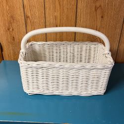 14” Long Rectangular Wicker Basket w/ HandlePainted White
