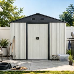 8ft x 4ft Outdoor Metal Storage Shed with Sliding Door and foundation for Backyard, Patio, Lawn - White and Black(W540P185253)