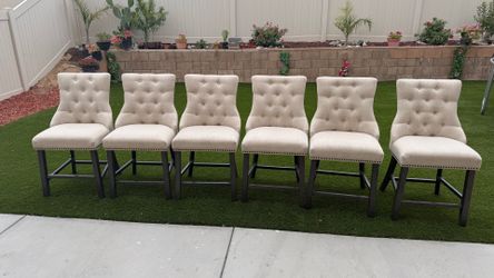 Set of 6 Counterheight Dining Chair Upholstered with Beige Linen Fabric