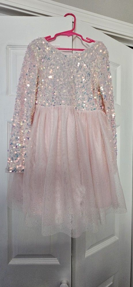 Girl's Pink Sequin Dress With Tulle (Size M 7/8)