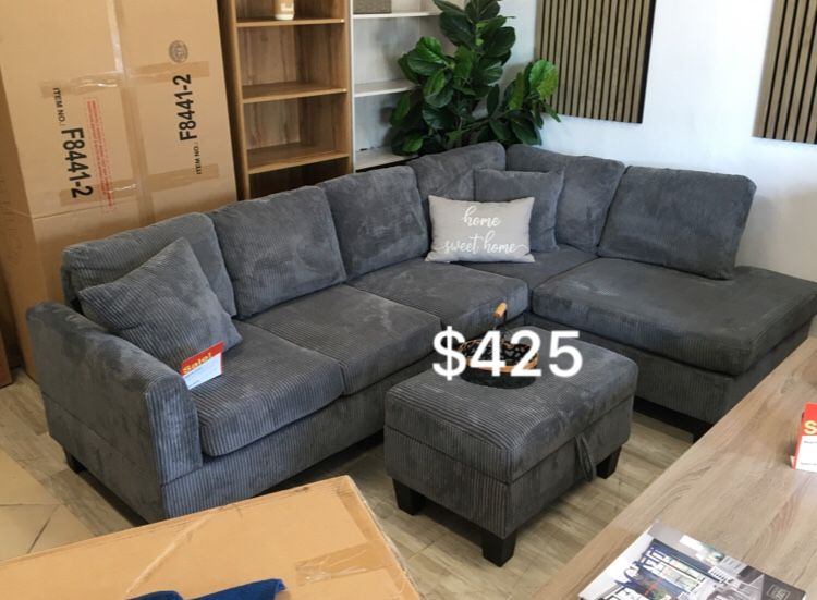 3-pc Sectional Sofa With Ottoman Dark  Grey Or Ivory 