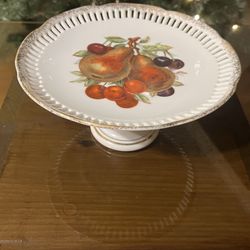 Vintage Fruit Plate Compote Pedestal Cake Stand Reticulated Scalloped Gilt Edge