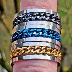 Lot Of 3 Stainless Steel Curb Chain Spinner Rings Size 10