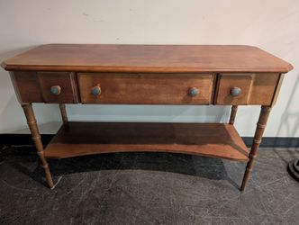 Warm Wood Console Table with Two Drawers and Lower Shelf
