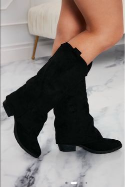 Black Suede Knee-High Western Boots