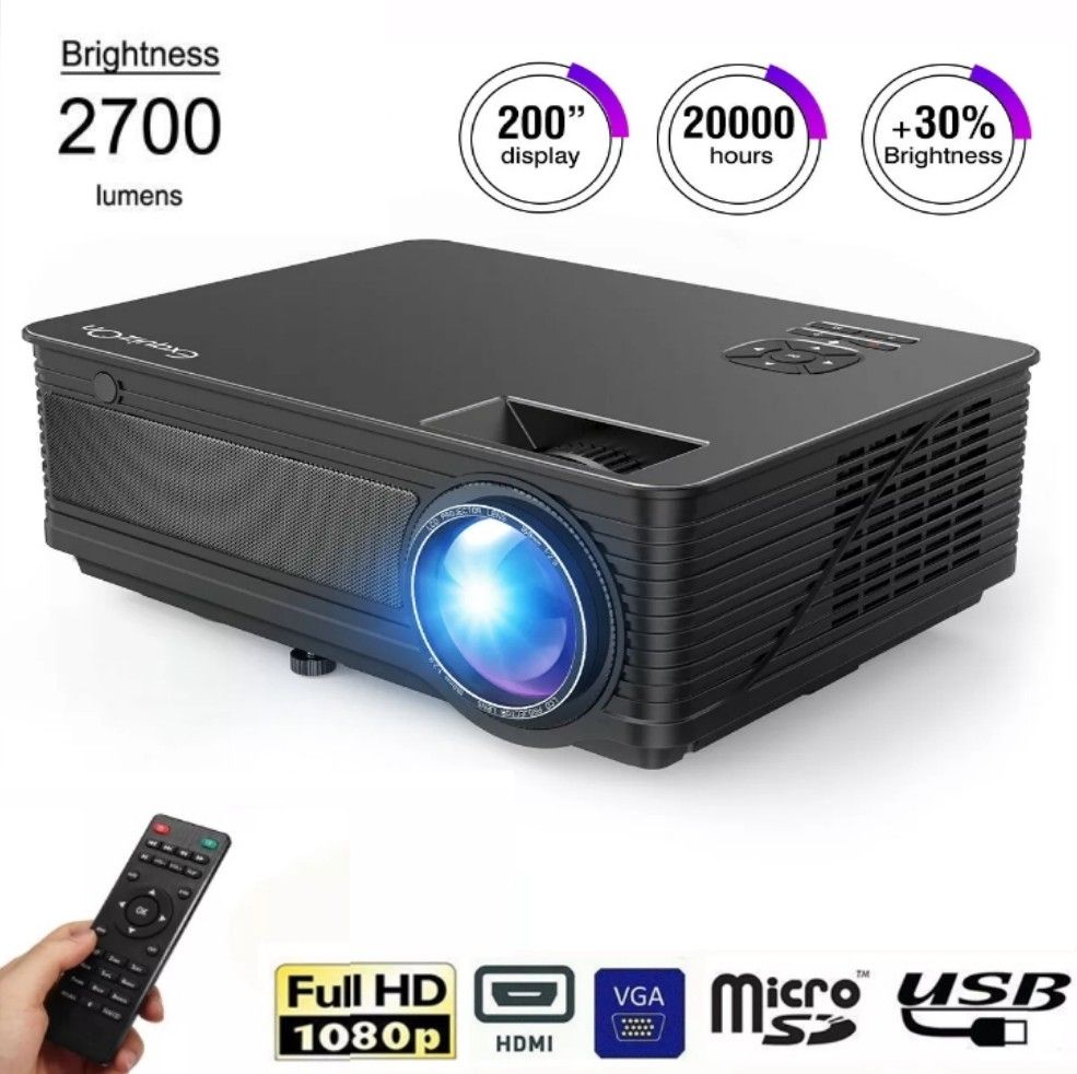 ExquizOn 1080P 3D 2700 Lumens HDMI Cinema Projector Super Quiet Lumens 200" LED Home Theater Movie Projector