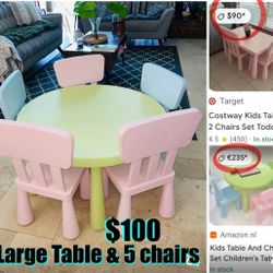 $100 Kids large Table & 5 chairs great for outdoors/indoors Heavy duty plastic for kids 2/12 years