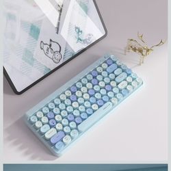 UBOTIE Portable Bluetooth Colorful Computer Keyboards, Wireless Mini Compact Retro Typewriter Flexible 84Keys Design Keyboard (Blue-Colorful)