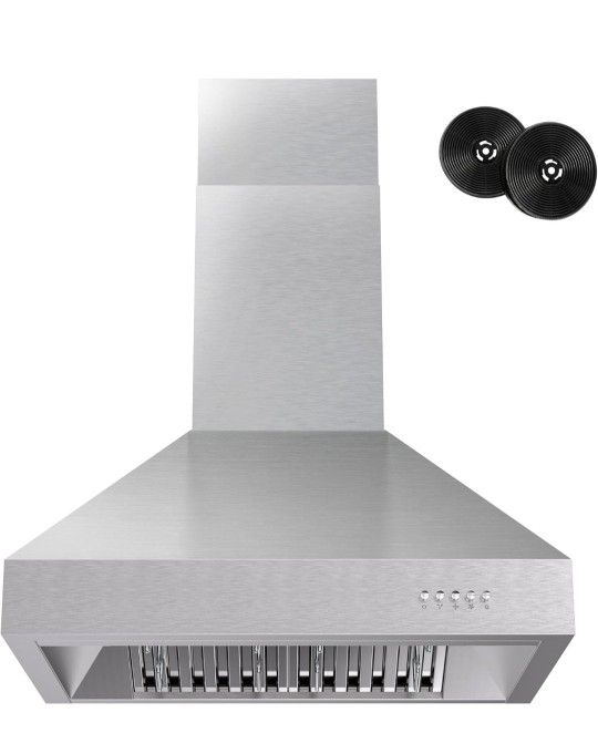 Wall Mount Range Hood 30 Inch, 600 CFM Ducted/Ductless Convertible Kitchen Vent Hood With 3 Speed Fan, LED Strip, 4 Baffle Filters, Stainless Steel St