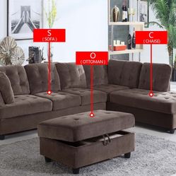 Espresso Velvet 3-Piece Couch Living Room Sofa Set