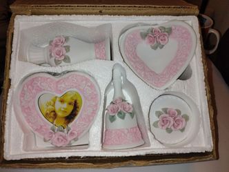 Porcelain Rose Gift Set with Heart Frame and Bell