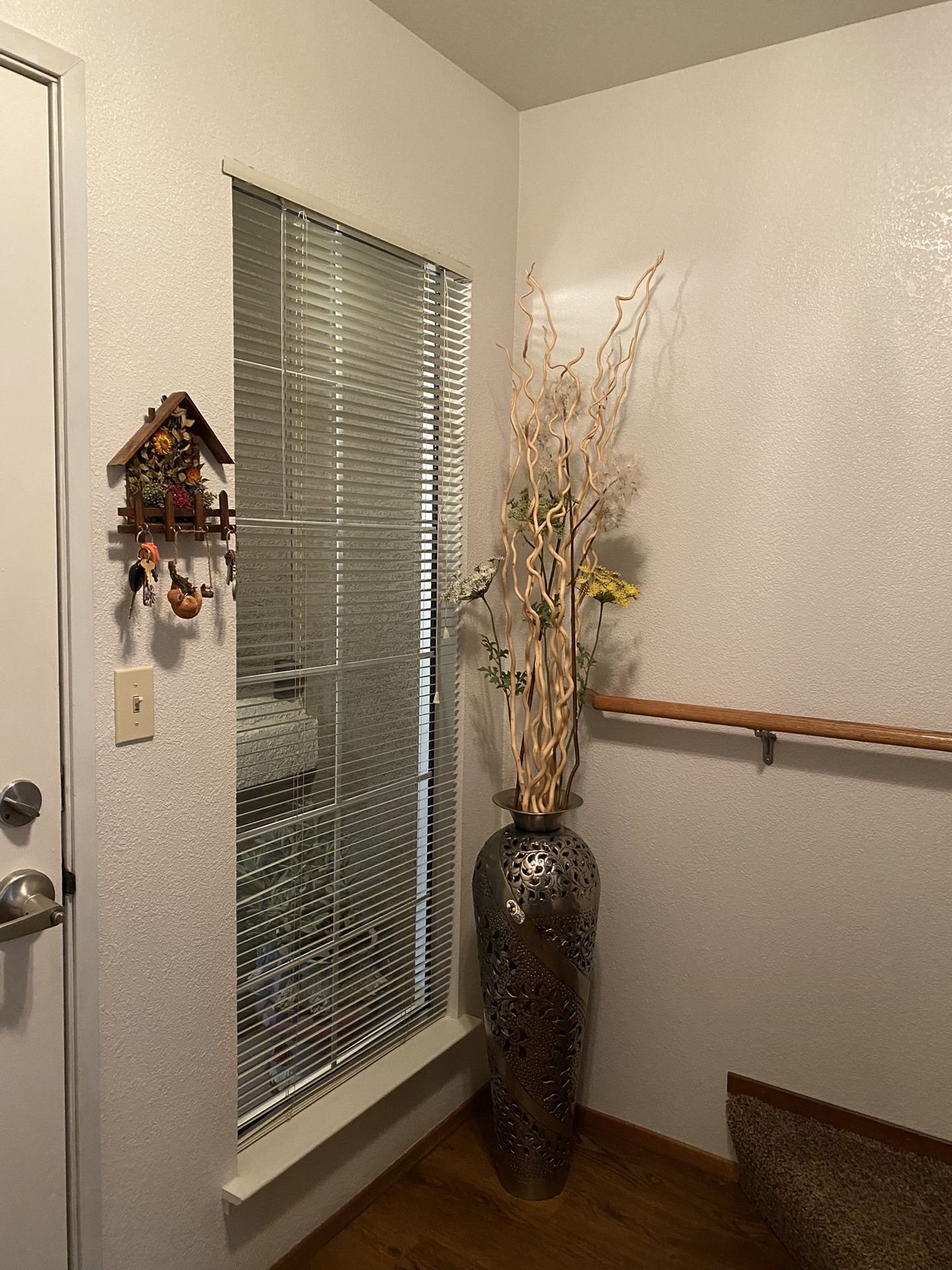 Metal Vase Artificial Flowers And Wood Are Included