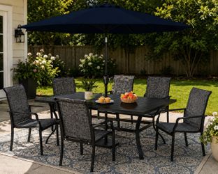Black 7-Piece Outdoor Patio Dining Set with Umbrella & Wicker Chairs