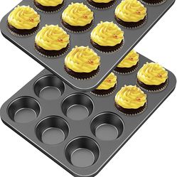 CHEFMADE 12 Cups Muffin Pan Set, 2 Packs Bakeware Non-Stick Cupcake Baking Pan Heavy Duty Carbon Steel Pan Muffin Tins Standard Baking Mold for Cakes