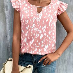 Pink Allover Print Keyhole Neckline Butterfly Sleeve Blouse (Size Large)