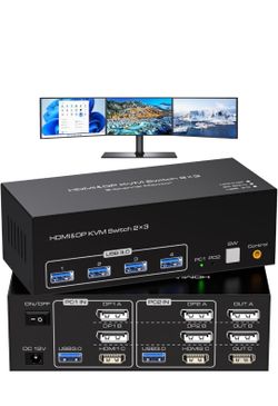 8K KVM Switch 3 Monitors 2 Computers 8K 60Hz 4K 120Hz KVM Switches HDMI+2 Displayport for Two PC Share Triple Monitor and 4 USB 3.0 Devices Support Ex