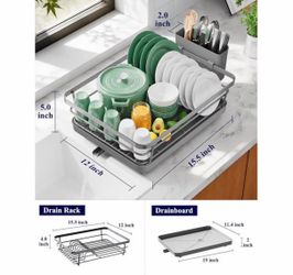 Dish Drying Rack for Kitchen Counter, Stainless Steel Sink Organization and Storage Essentials with Cutlery Holder, Home and Appartment Decor, 12"W x 