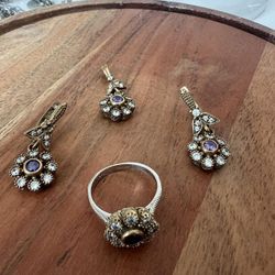 Antique victorian purple amethyst 925 sterling silver ring Earring Pendant Set(8)78
