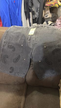 Gray Denim Jeans with Paisley Embroidery