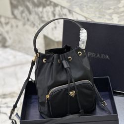 1BH038 Nylon Bucket Bag Black Gold Hardware 18x23x12cm