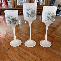 New Trio of Stemmed Frosted Glass Candle Holders with Candles (See Description)