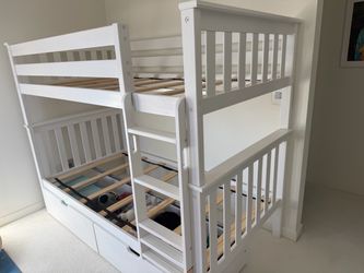 White Wooden Bunk Bed with Storage Drawers