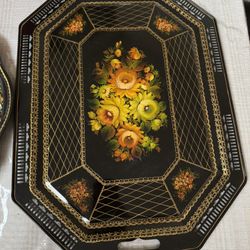Painted Floral Bouquet Vintage Large Metal Serving Tray 