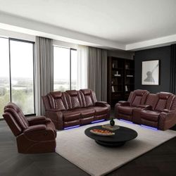 Brown Leather Power Electric Fully Reclining Couch Set 