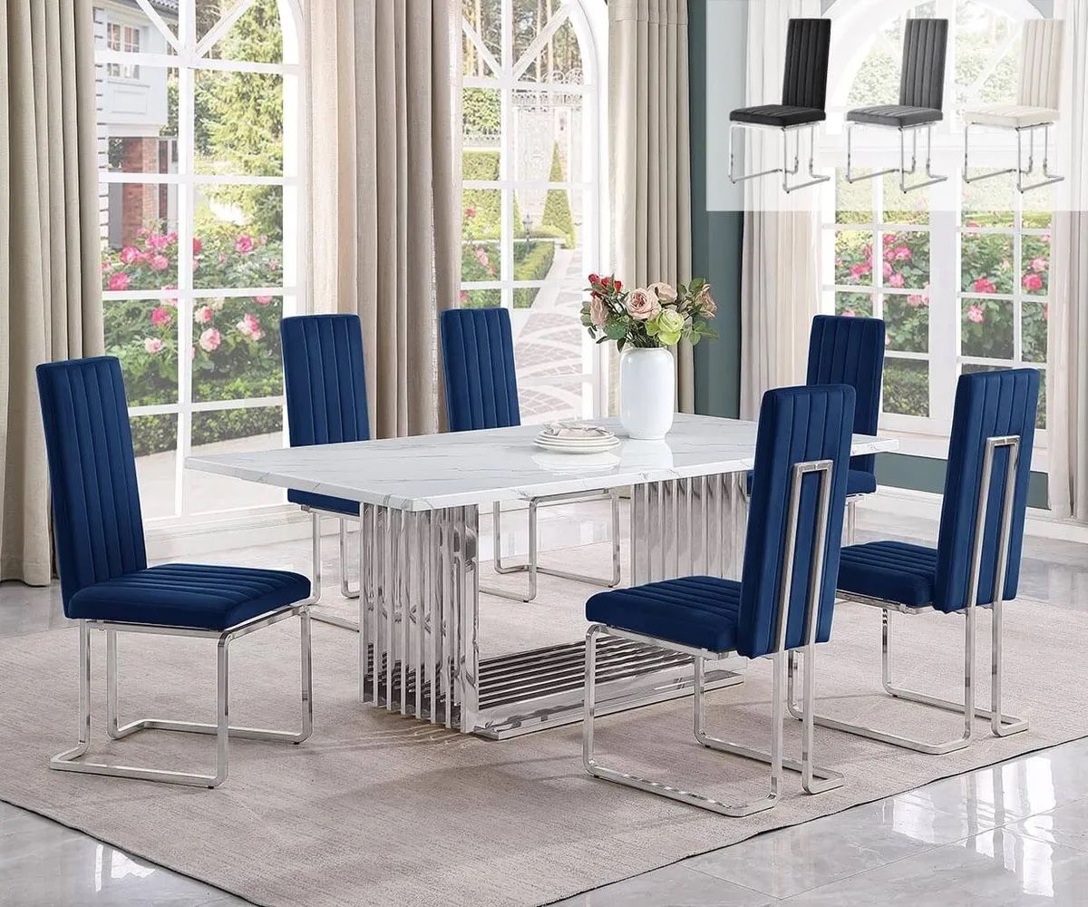 Mega Sale! 7 PCS Caserta Collection Marble top dining table set Stainless Steel base available in 4 colors Now 2589.09 Free Delivery 🚚