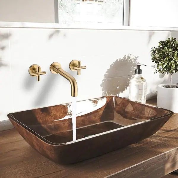 Double Handle Wall Mount Bathroom Faucet in Brushed Gold