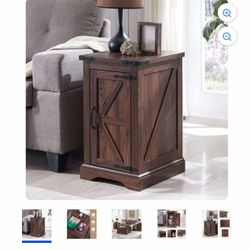 Farmhouse Nightstand with Charging Station, Rectangular End Table with Adjustable Storage Shelf, Brown 