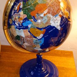 20th Century Lapis Blue Gemstone World Globe with Gilt Meridian Stand
