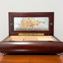 Vintage Bombay Wooden Inlaid Flowers Music Jewelry Box