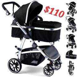 Baby Stroller, 2-in-1 Reversible Toddler seat with Bassinet Mode, Foldable Infant Stroller with Canopy, One Button Brake, Adjustable Handle, New