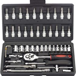 46-Piece 1/4-inch Screwdriver Drive Socket & Bit Set Combination with Reversible Ratchet Wrench Tools Kit for Auto Repairing & Household with Storage 