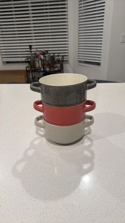 Set of 3 Ceramic Soup Bowls with Handles