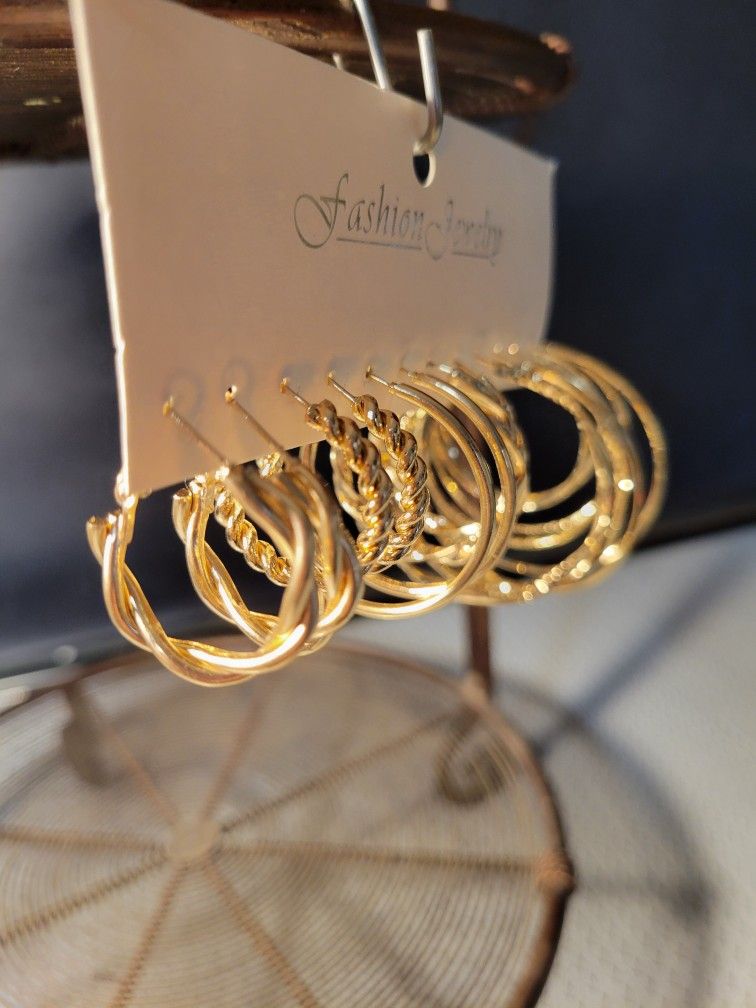 Gold Tone Hoop Earrings. New.6 Pairs.