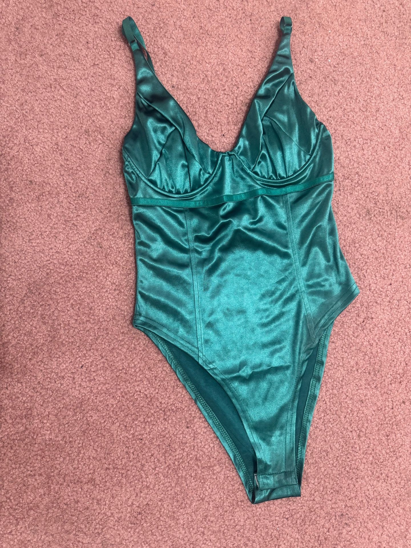 New Small Green Satin Stretchy Bodysuit Lingerie Festival Cosplay