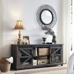 Farmhouse TV Stand with Sliding Barn Door for 75+ inch TV, Dark Rustic Oak