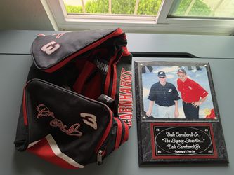 NASCAR Collectible Lot Dale Earnhardt Sr. & Jr. Racing Reflections Plaque and Earnhardt Duffel Bag