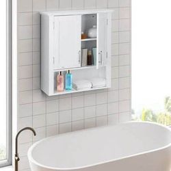 New White Wooden Bathroom Kitchen Wall Cabinet Storage Cupboard 3 Organizer Shelves Save Space
