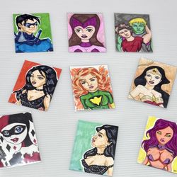 Art Drawings Super Hero Harley Quinn Sketch Small Originals Lot Of 9 Wonder Woma