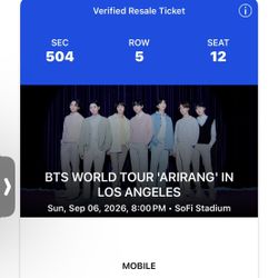 BTS TOUR TICKETS LOS ANGELES (SUN SEP 6, 504 Section)