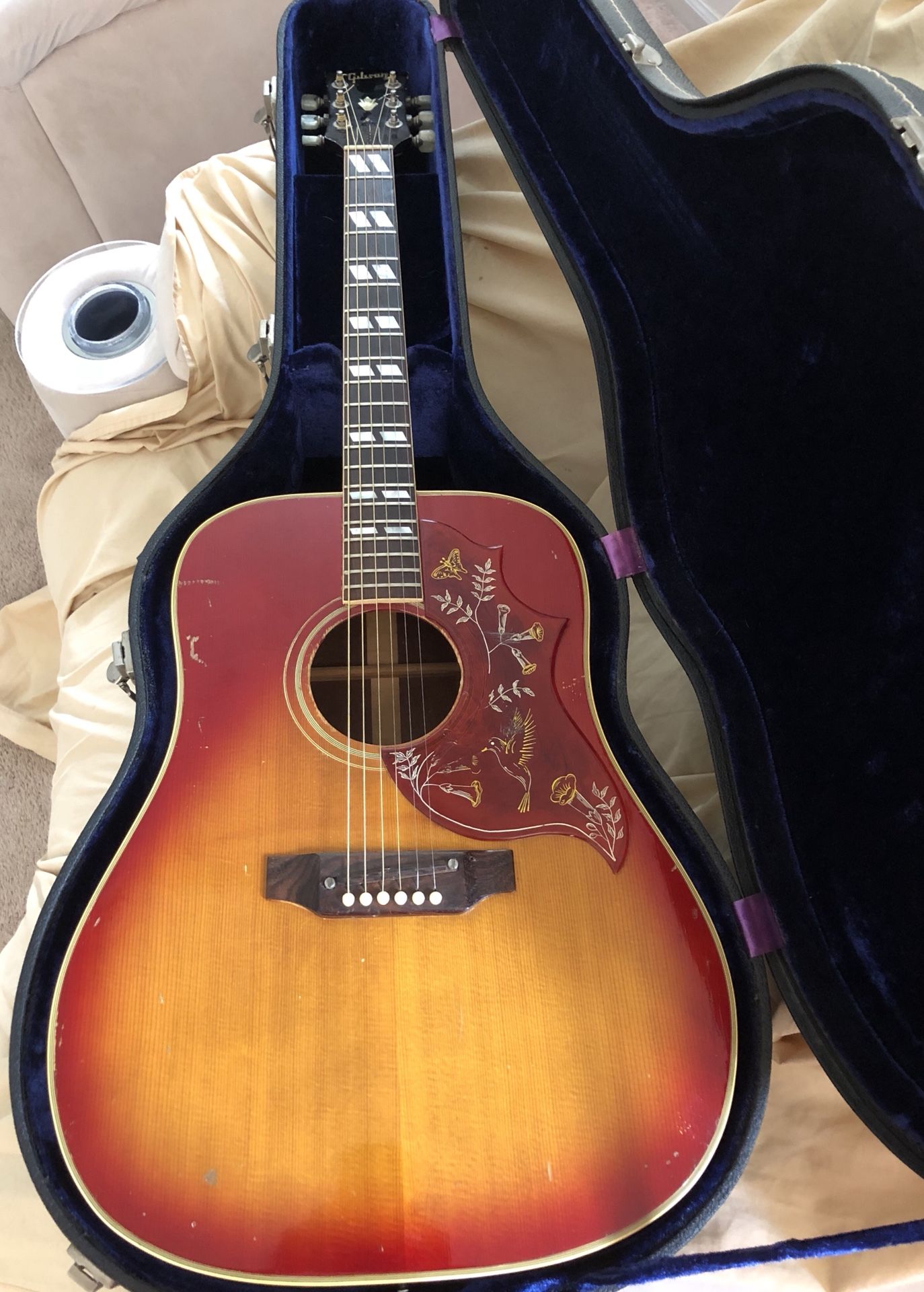 Gibson 1969 Hummingbird, some aging stress cracks and road wear. Hard shell case. No trades.
