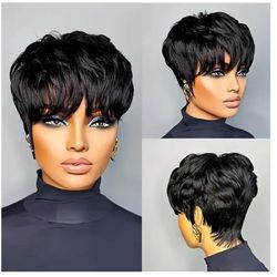 6" Wear and Go Short Pixie Cut with Bangs 100% Real Human Hair Glueless Wig
