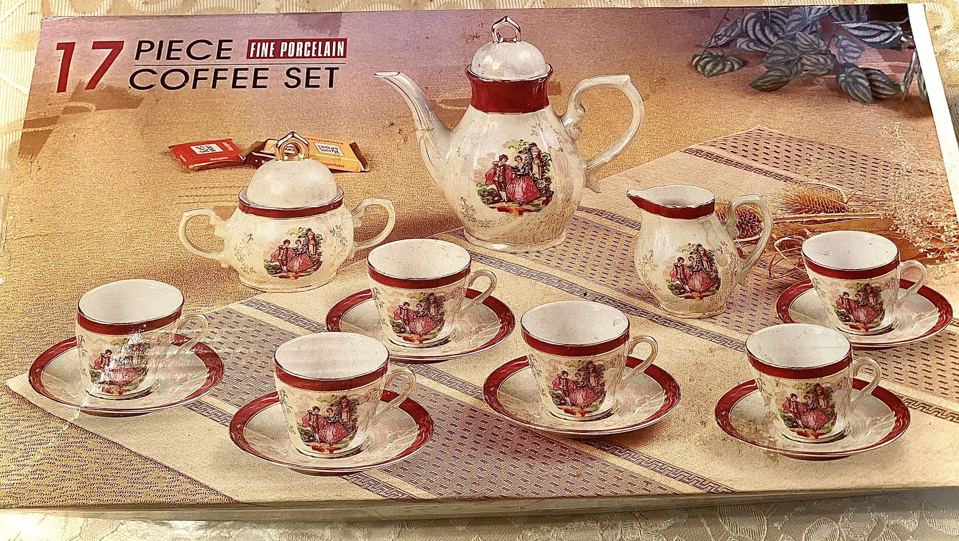 vintage 17 piece COFFEE AND TEA SET Columbia FINE PORCELAIN BURGUNDY TRIM NEW