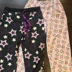 Mediums Womens Pajama bottom pj pants Fleece 2 pairs Stars Coffee Cups