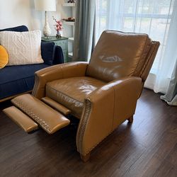 Brown Leather Accent Recliner w/ Nailhead Trim - Mid-Century Style