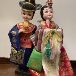 Korean Native Dolls Ceremonial Wedding Male/Female 9.5" Tall. Condition is pre owned and perhaps shows some signs of wear from age but overall solid a